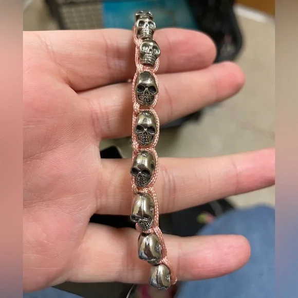 King Baby Studio Macrame Skull Bracelet Silver Skull Bracelet with Pink Cord - Picture 4 of 4